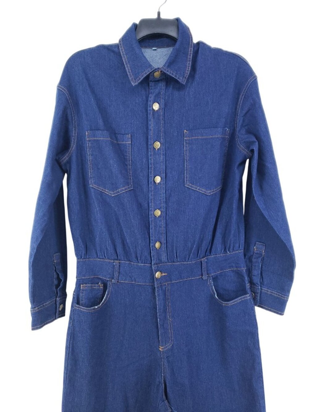 Womens XXL Dark Denim Coveralls Stretch Cotton Blend Long Sleeve Button Front - Picture 7 of 10